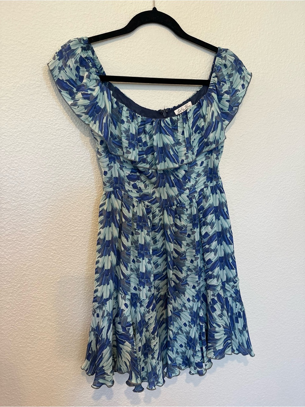 LoveShackFancy 100% Silk Blue Floral Off Shoulder Ruffle Dress Size 1